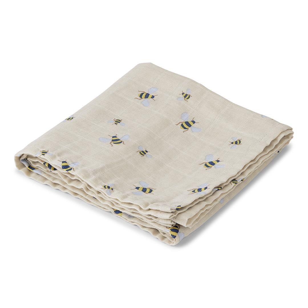 Muślinowy kocyk w kolorze beżowym z nadrukiem pszczół dla niemowlaka 100x100 cm. Vanilla Copenhagen Kocyk muślinowy Swaddle Honeybee 100x100cm
