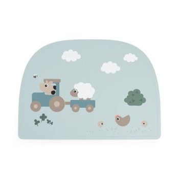 Niebieska silikonowa podkładka na stół z motywem farmy z traktorem owcą i ptakami dla dziecka. Done by Deer Silikonowa Podkładka na Stół Tiny Farm Blue