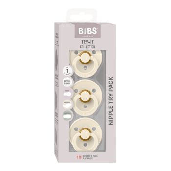Zestaw trzech smoczków dla noworodka w kolorze kości słoniowej z naturalnego kauczuku. BIBS TRY-IT PACK IVORY 3 smoczkowy zestaw prezentowy dla Noworodka