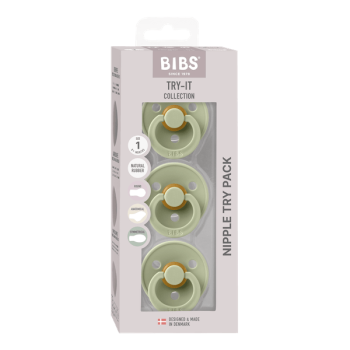 Zestaw trzech zielonych smoczków dla noworodka z naturalnego kauczuku. BIBS TRY-IT PACK SAGE 3 smoczkowy zestaw prezentowy dla Noworodka