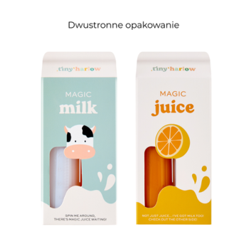 Zestaw dwóch plastikowych buteleczek dla lalek mleczko i soczek z nadrukiem krowy i pomarańczy. Tiny Harlow Zestaw Magicznych Buteleczek – Mleczko i Soczek