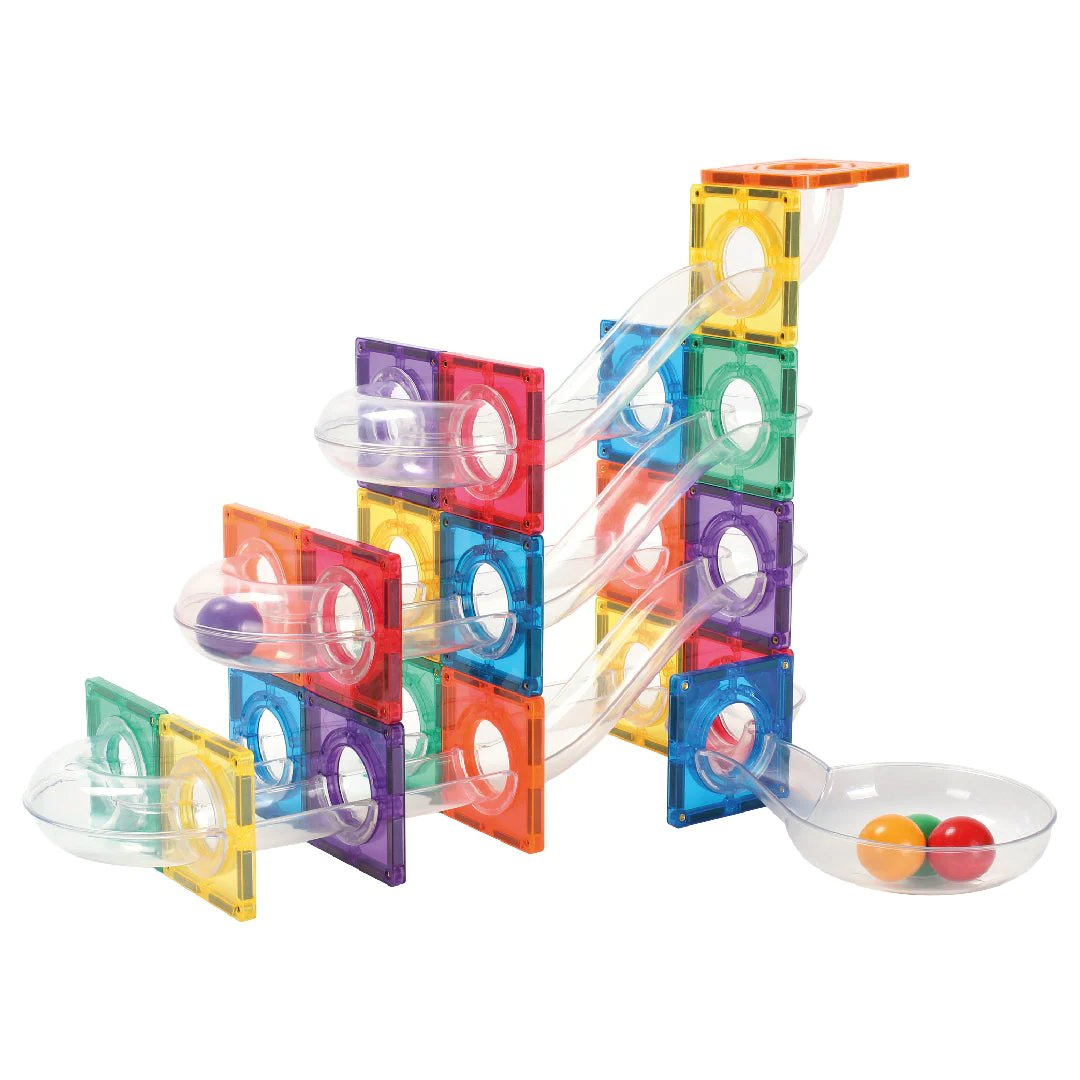 Klocki magnetyczne przezroczyste kolorowe z torami kulkowymi do układania dla dzieci. Cleverclixx Klocki magnetyczne Ball Run Compact Pack Intense 60el