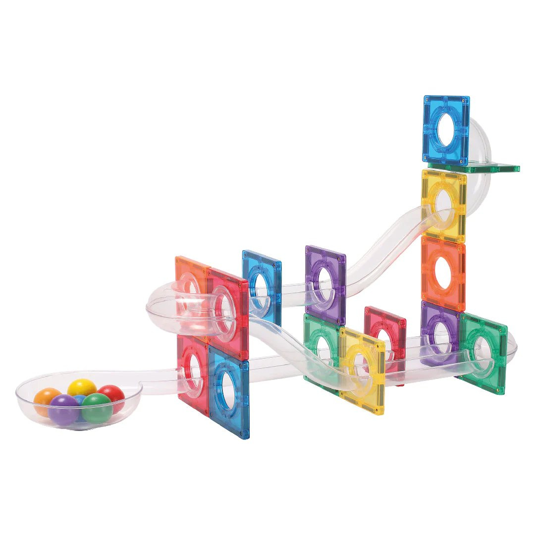 Klocki magnetyczne przezroczyste kolorowe z torami kulkowymi dla dzieci. Cleverclixx Klocki magnetyczne Ball Run Compact Pack Intense 60el