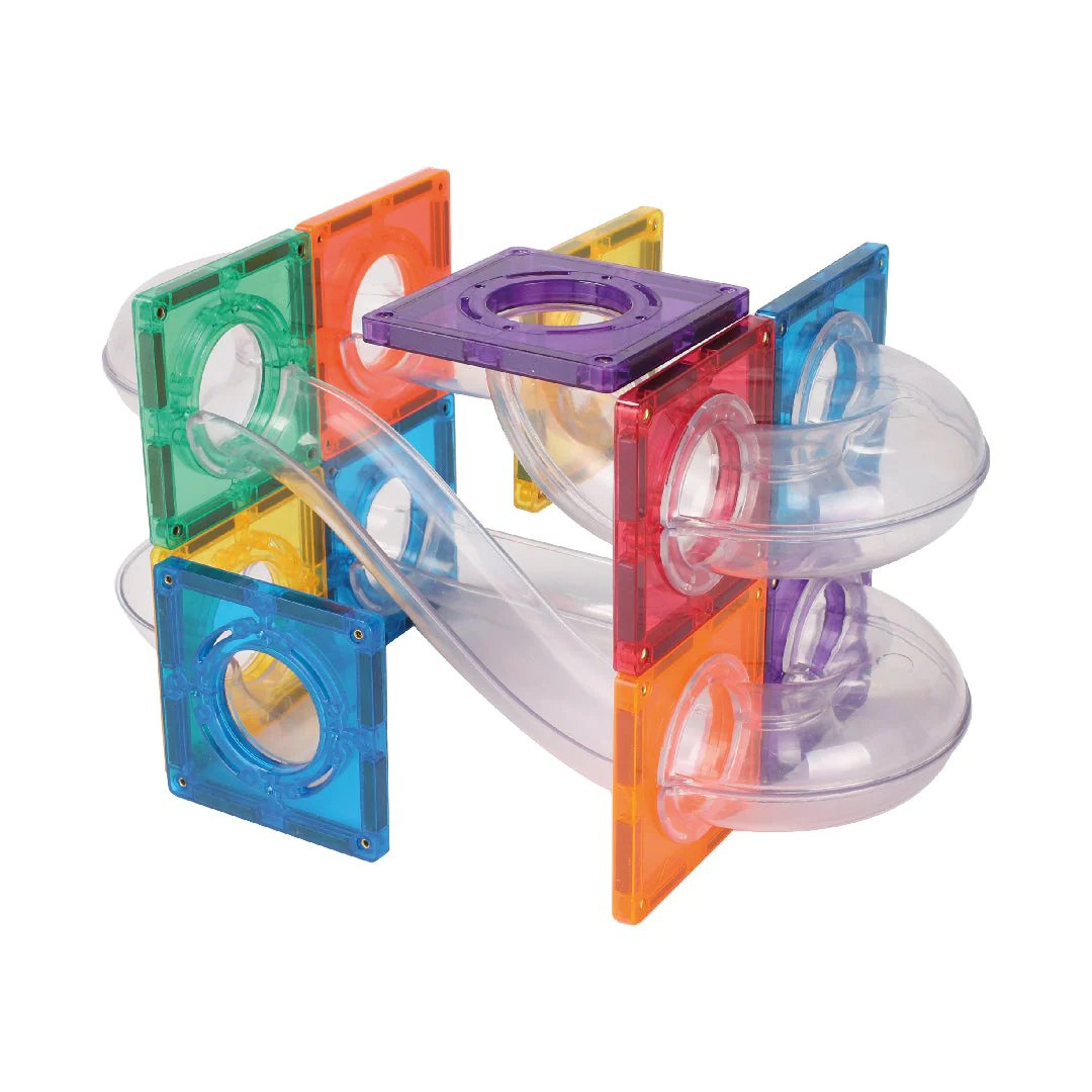 Klocki magnetyczne kolorowe z przezroczystymi torami kulkowymi dla dzieci. Cleverclixx Klocki magnetyczne Ball Run Compact Pack Intense 60el