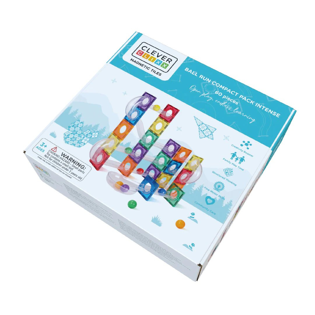 Klocki magnetyczne kolorowe elementy do budowy toru kulkowego 60 sztuk dla dzieci. Cleverclixx Klocki magnetyczne Ball Run Compact Pack Intense 60el