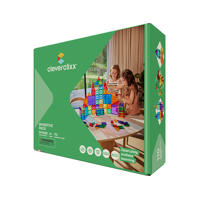 Klocki magnetyczne w różnych kolorach 110 elementów dla dzieci powyżej 3 lat. Cleverclixx Klocki magnetyczne Inventive Pack Intense 110 el