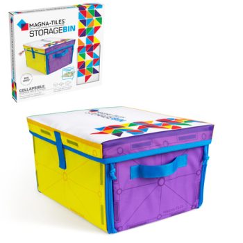 Składany pojemnik na zabawki w kolorach żółtym i fioletowym z niebieskimi uchwytami dla dzieci. Magna-Tiles Skrzynia na klocki/Mata interaktywna 2w1