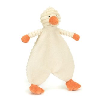 Biała sztruksowa kaczuszka przytulanka szmatka dla niemowlaka z pomarańczowymi dzióbkiem i stopami 28 cm. Jellycat Kaczuszka Sztruksowa Szmatka Przytulanka 28 cm Baby Jellycat