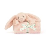 Kocyk przytulanka pudrowy róż z króliczkiem dla niemowlaka. Jellycat Króliczek Kocyk Pudrowy Róż 70 cm