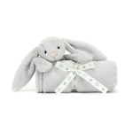 Szary kocyk z przytulanką króliczkiem dla niemowlaka i dziecka. Jellycat Króliczek Kocyk Srebrny 70 cm