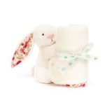Kremowy króliczek pluszowy z kwiecistymi uszami trzymający kremową szmatkę przytulankę dla niemowlaka. Jellycat Króliczek z Kwiecistymi Uszami „Berry” Szmatka Przytulanka Kremowa 34cm
