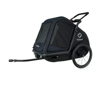 Niebiesko czarna przyczepka rowerowa dla psa z siatkowym oknem i dwoma dużymi kołami dla psa do 45 kg. Hamax Przyczepka rowerowa dla psa Pluto L do 45kg Blue / Black