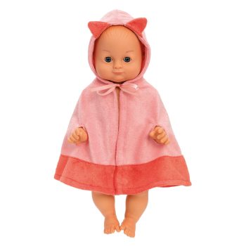 Lalka bobas ubrana w różowy płaszczyk z kapturem z uszami do kąpieli dla dziecka 36 cm. Skrallan LALKA ANNA DO KĄPIELI 36 CM
