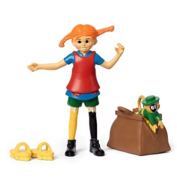 Figurka dziewczynki z rudymi warkoczami ubranej w czerwoną sukienkę i kolorowe skarpetki z małpką i brązową walizką dla dziecka. Pippi Figurka Langstrumpf zestaw do zabawy małpa walizka