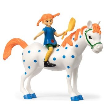 Figurka dziewczynki z pomarańczowymi warkoczami na białym koniu w niebieskie kropki do zabawy dla dzieci. Pippi Figurka Langstrumpf zestaw z koniem do zabawy koń