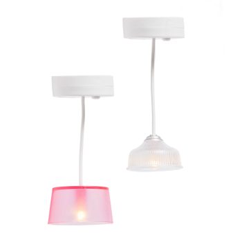 Dwie lampy sufitowe do domku dla lalek jedna z różowym kloszem druga z białym kloszem z tworzywa. Lundby Dwie Lampy Sufitowe do domku dla lalek