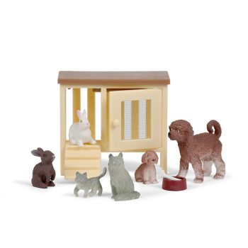 Zestaw figurek zwierząt domowych królik pies kot z akcesoriami dla dzieci. Lundby Zestaw Zwierząt Domowych