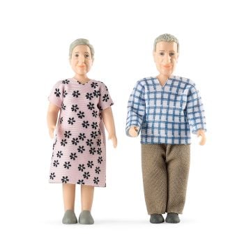 Dwie lalki dziadków w ubraniach w kwiaty i kratę do domku dla dzieci. Lundby Zestaw Dziadkowie Charlie