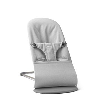 Leżaczek dla niemowlaka jasnoszary melanż z regulowanym oparciem i metalową ramą. Babybjorn leżaczek BLISS WOVEN Jasny szary melanż