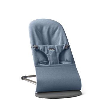 Leżaczek dla niemowlaka niebieski melanż z materiału tkanego z metalową ramą. Babybjorn leżaczek BLISS WOVEN Niebieski melanż