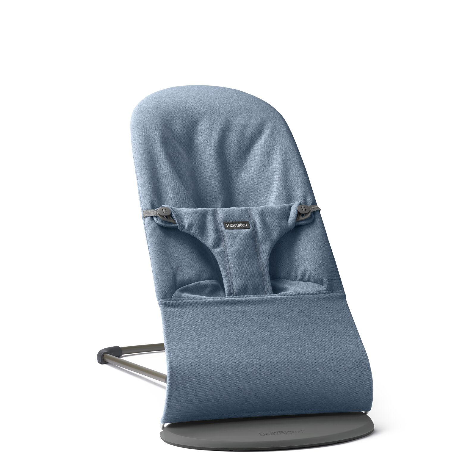 Leżaczek dla niemowlaka niebieski melanż z materiału tkanego z metalową ramą. Babybjorn leżaczek BLISS WOVEN Niebieski melanż
