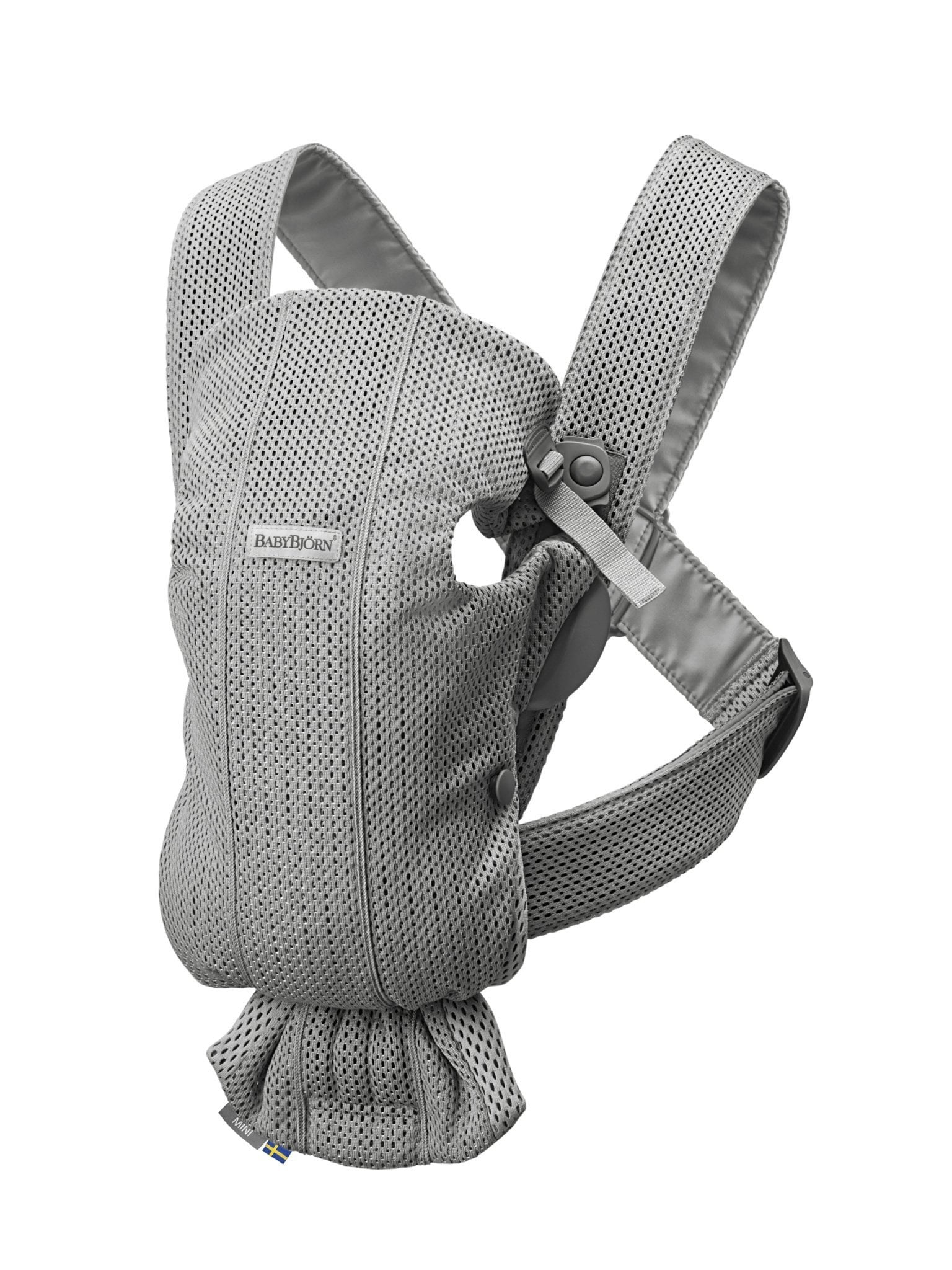 Szare nosidełko dla niemowlaka z siateczkowego materiału z regulowanymi paskami. Babybjorn MINI 3D Mesh – nosidełko Szary