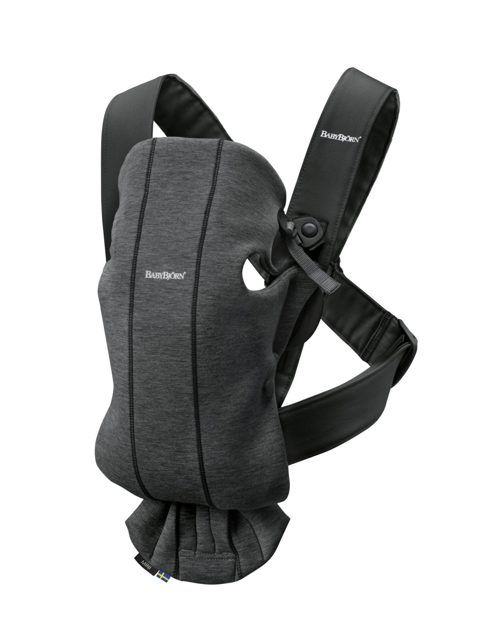 Nosidełko dla niemowlaka szaroczarne z regulowanymi paskami i miękkiego materiału. Babybjorn MINI 3D Jersey – nosidełko Szaroczarny
