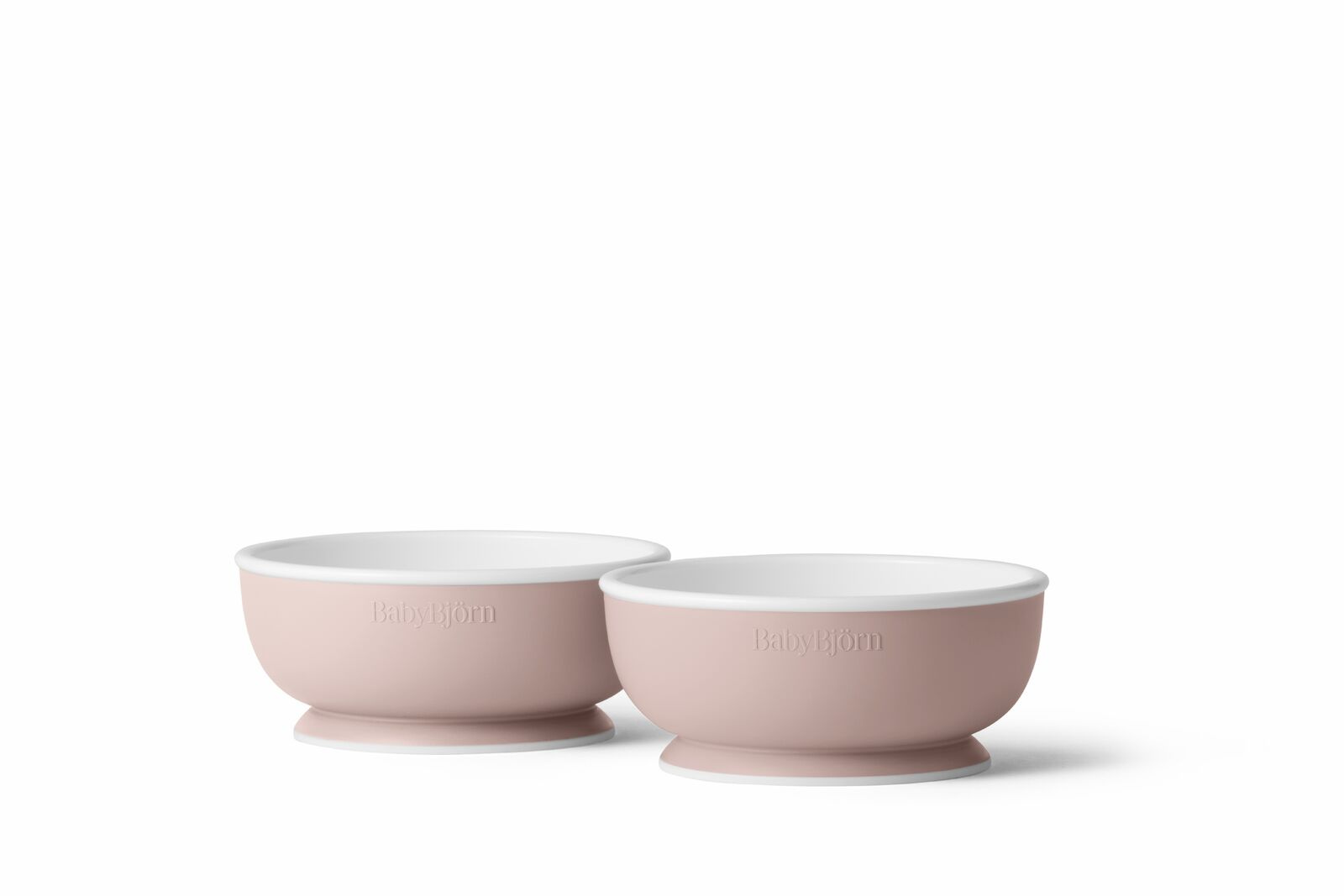 Zestaw dwóch różowych miseczek dla dziecka z białym wnętrzem. Babybjorn zestaw miseczek 2szt. Powder Pink