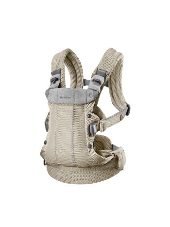 Nosidełko dla dziecka z siateczkowego materiału w kolorze szarym i beżowym z regulowanymi paskami. Babybjorn nosidełko Harmony 3D Mesh Szary Beż