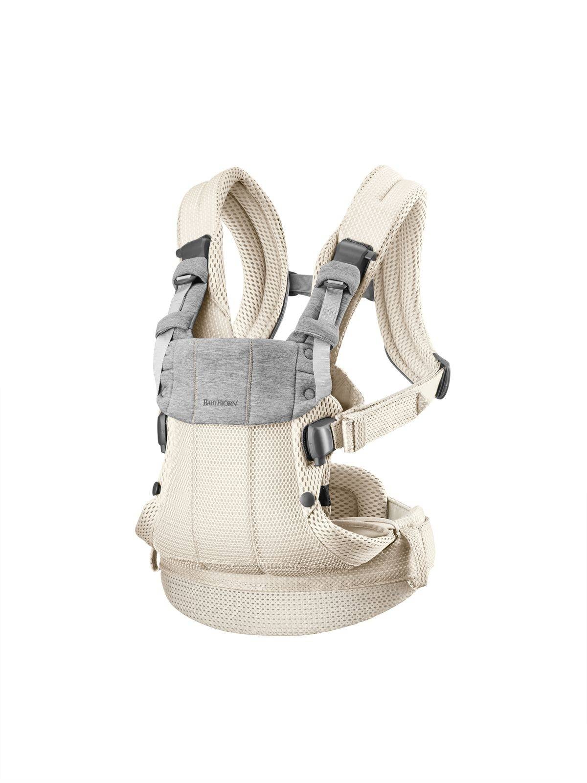 Kremowe nosidełko dla dziecka z siateczkowego materiału z szarymi elementami i regulowanymi paskami. Babybjorn nosidełko Harmony 3D Mesh Kremowy