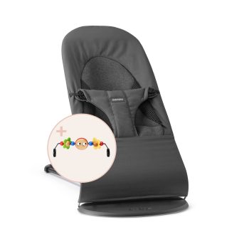 Ciemnoszary leżaczek dla niemowlaka z materiału wiskozowego z zabawką z oczkami na pałąku. Babybjorn leżaczek BALANCE SOFT WOVEN/JERSEY Tri Fabric Ciemny Szary +zabawka do leżaczka Googly Eyes