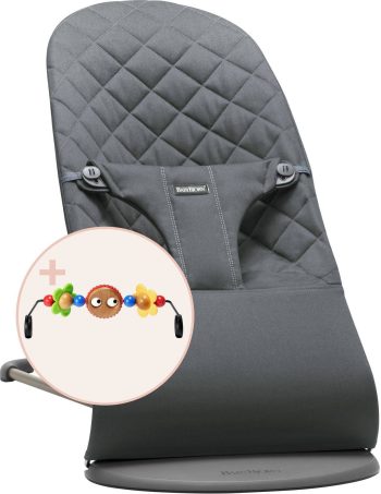 Leżaczek dla niemowlaka antracytowy pikowany z zabawką na pałąku z oczkami i kolorowymi elementami. Babybjorn leżaczek BLISS Woven Antracytowy +zabawka do leżaczka BALANCE Googly Eyes