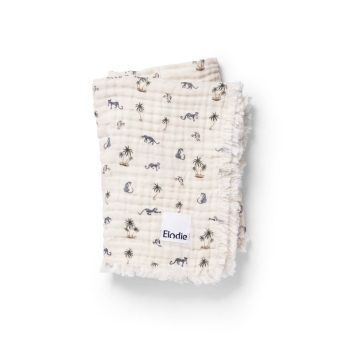 Biały kocyk dziecięcy z nadrukiem zwierząt i palm z miękkiej bawełny dla niemowlaka. Elodie Details Kocyk Soft Cotton Blanket Garden Leo’s Resort