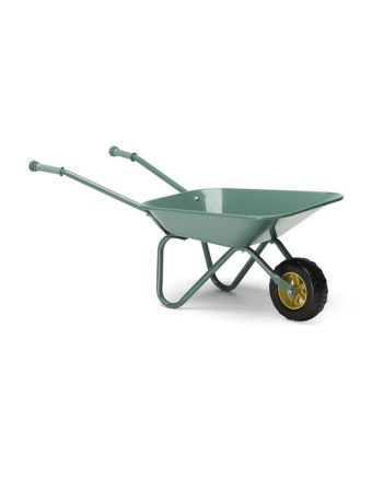 Zielona metalowa taczka dziecięca do piasku z czarnym kołem i żółtym felgiem dla dziecka. Kid’s Concept Taczka KID’S HUB