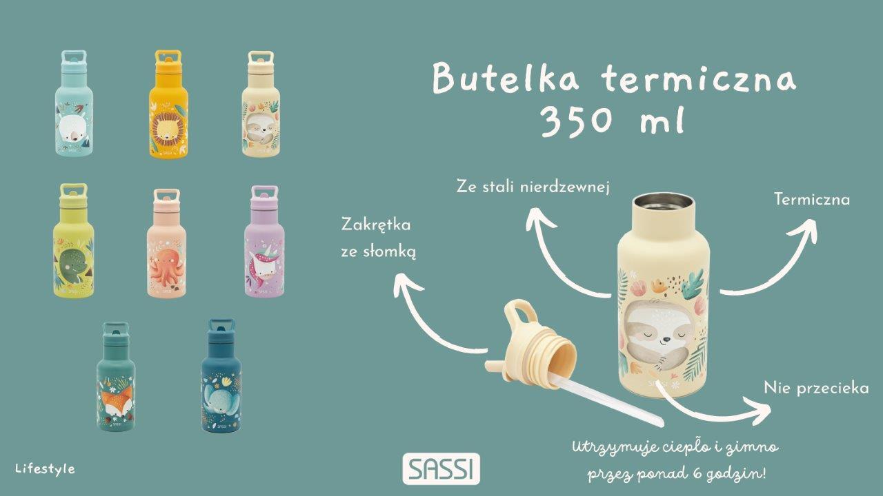 Butelka termiczna 350 ml z motywem jednorożca dla dzieci z zakrętka ze słomką i izolacją ze stali nierdzewnej. Sassi Butelka termiczna 350ml Jednorożec