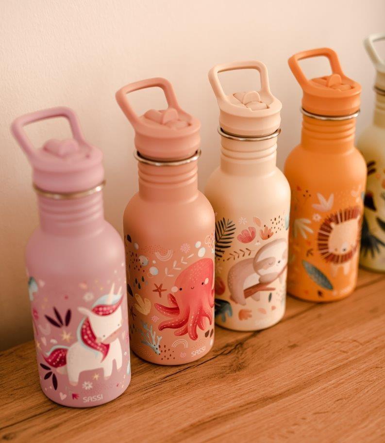Butelka termiczna 350ml z uchwytem różowa z nadrukiem jednorożca dla dziecka. Sassi Butelka termiczna 350ml Jednorożec