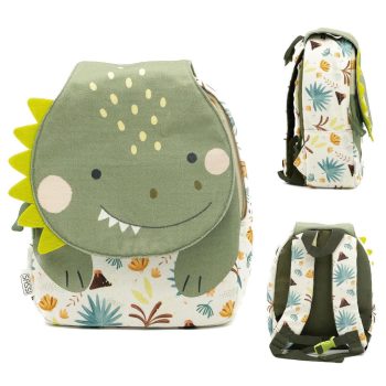 Mini plecak dziecięcy w kształcie zielonego dinozaura z kolorowym wzorem roślinnym dla dziecka. Sassi Plecak mini dla dzieci Dinozaur