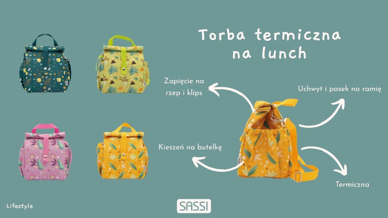 Termiczna torba na lunch dla dzieci z motywem dinozaura z kieszenią na butelkę i uchwytem na ramię różne kolory i wzory. Sassi Termiczna torba na lunch dla dzieci Dinozaur