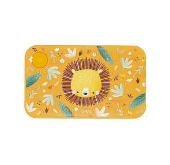 Żółty plastikowy lunchbox z motywem lwa i liści dla dziecka. Sassi Plastikowy lunchbox pojemnik z rPET Lew