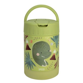 Zielony termos obiadowy dla dzieci z motywem dinozaura i roślinności o pojemności 350 ml. Sassi Termos obiadowy dla dzieci 350ml Dinozaur