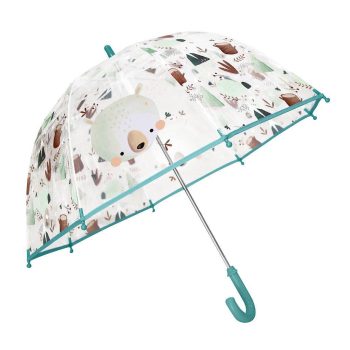 Przezroczysty parasol przeciwdeszczowy z nadrukiem misia i lasu dla dziecka. Sassi Parasol przeciwdeszczowy Miś