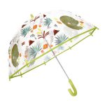 Przezroczysty parasol przeciwdeszczowy z zielonym uchwytem i wzorem dinozaurów dla dziecka. Sassi Parasol przeciwdeszczowy Dinozaur