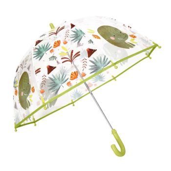 Przezroczysty parasol przeciwdeszczowy z zielonym uchwytem i wzorem dinozaurów dla dziecka. Sassi Parasol przeciwdeszczowy Dinozaur