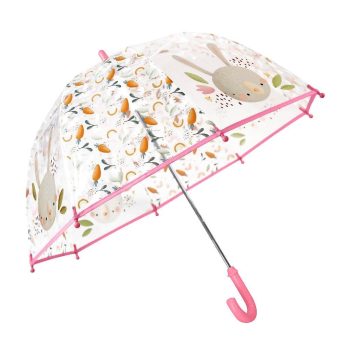 Przezroczysty parasol przeciwdeszczowy z różowym uchwytem i wzorem królika dla dziecka. Sassi Parasol przeciwdeszczowy Królik