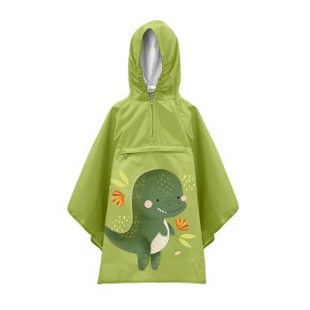 Zielona peleryna przeciwdeszczowa dla dziecka z kapturem z nadrukiem dinozaura. Sassi Poncho przeciwdeszczowe Dinozaur (3–5 lat)