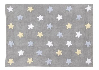 Bawełniany dywan dziecięcy szary w kolorowe gwiazdki 120x160 cm. Lorena Canals Dywan bawełniany Tricolor Star Gris/Azul 120 x 160 cm