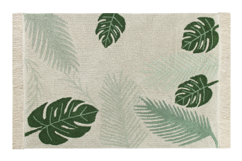 Bawełniany dywan z zielonymi liśćmi tropikalnymi na jasnym tle z frędzlami. Lorena Canals Dywan bawełniany Tropical Green 140x200cm