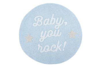 Okrągły niebieski dywan bawełniany z napisem Baby you rock dla dziecka. Lorena Canals Dywan bawełniany Baby you rock! Mr Wonderful &