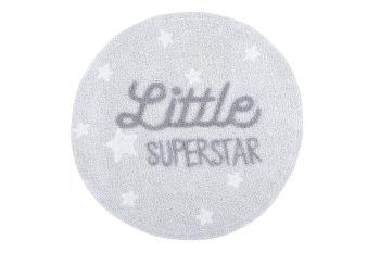 Okrągły szary dywan bawełniany z napisem Little Superstar i białymi gwiazdkami dla dziecka. Lorena Canals Dywan bawełniany Little Superstar Mr Wonderful & Ø 120cm