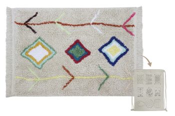 Bawełniany dywan dziecięcy kremowy z kolorowymi wzorami geometrycznymi i frędzlami 70x100 cm. Lorena Canals Dywan Bawełniany Mini Kaarol 70x100cm